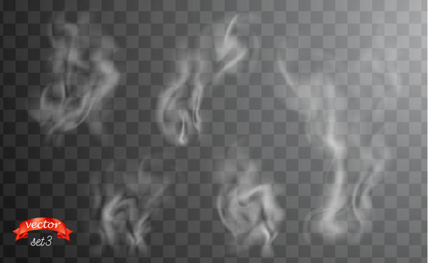 illustrations, cliparts, dessins animés et icônes de vagues de la fumée de cigarette blanc. blanc chaud vapeur plus coupe du fond sombre et transparente. ensemble de fumée sur les aliments, thé et café. illustration de vecteur vapeur, brouillard, nuage, gaz ou brouillard magique. parfum brumeux - vapeur