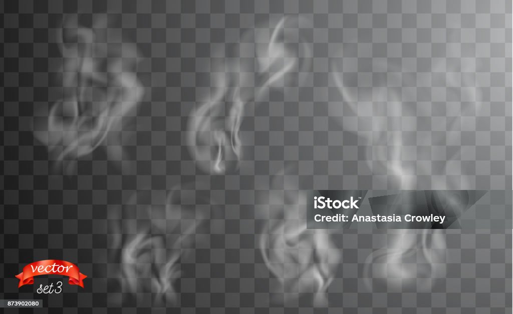 Vita cigarettrök vågor. Vit varm ånga över kopp för mörka och transparent bakgrund. Uppsättning av rök på mat, te och kaffe. Magiska ånga, dimma, molnet, gas eller dimma vektorillustration. Hazy doft - Royaltyfri Rök vektorgrafik