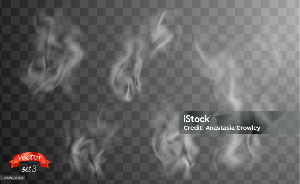 White cigarette smoke waves. White hot steam over cup for dark and transparent background. Set of fume on food, tea and coffee. Magic vapor, mist, cloud, gas or fog vector illustration. Hazy fragrance Steam stock vector