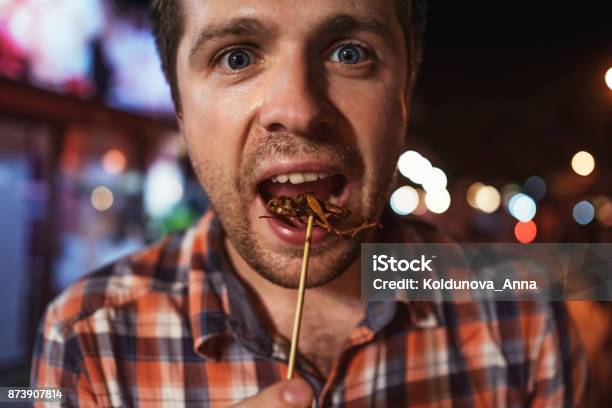 Caucasian Young Male Eating Cricket At Night Market In Thailand Stock Photo - Download Image Now
