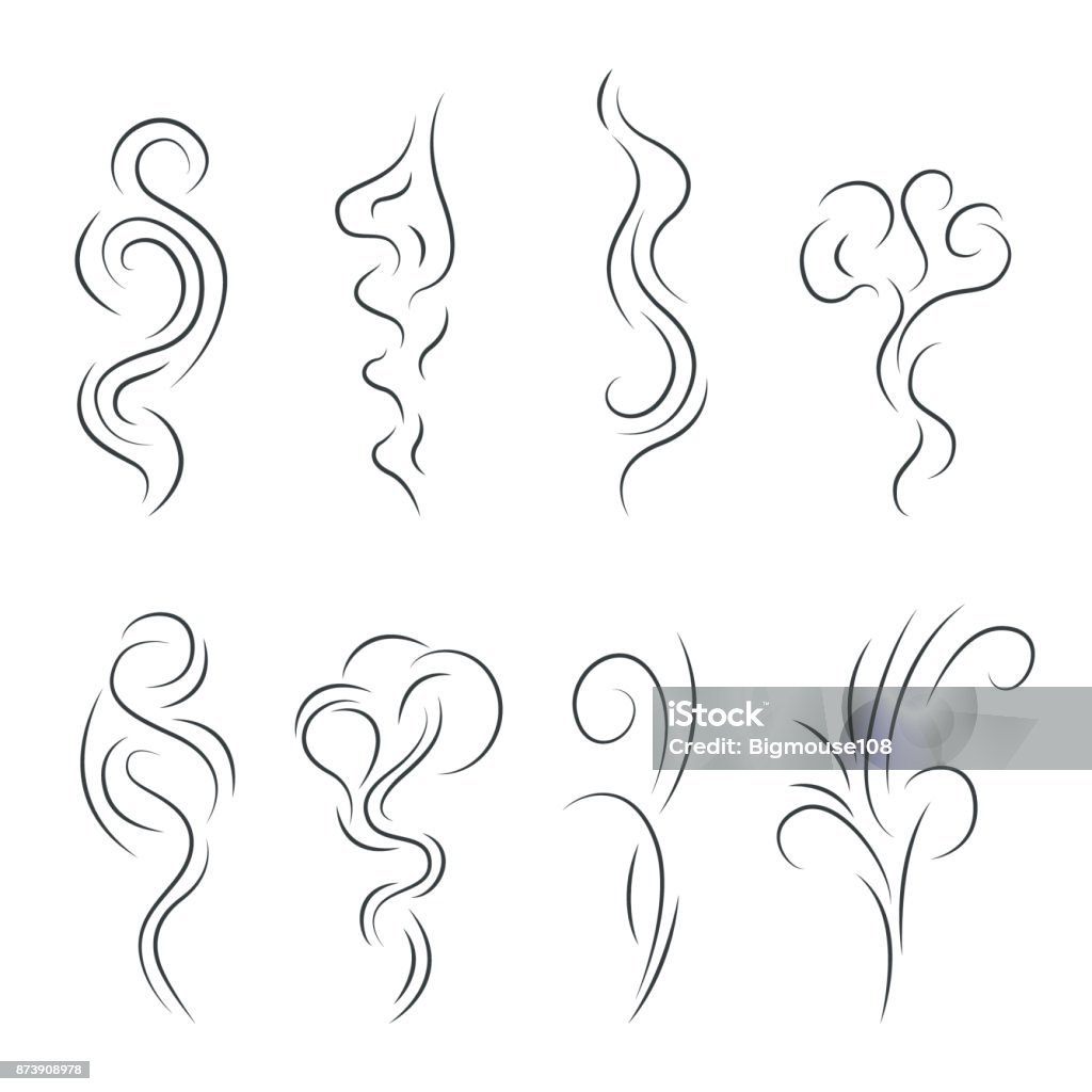 Smoke Steam Vapor Signs Black Thin Line Icon Set. Vector Smoke Steam Vapor Signs Black Thin Line Icon Set Smoking and Steaming Elements. Vector illustration of Smog Linear Sign Scented stock vector