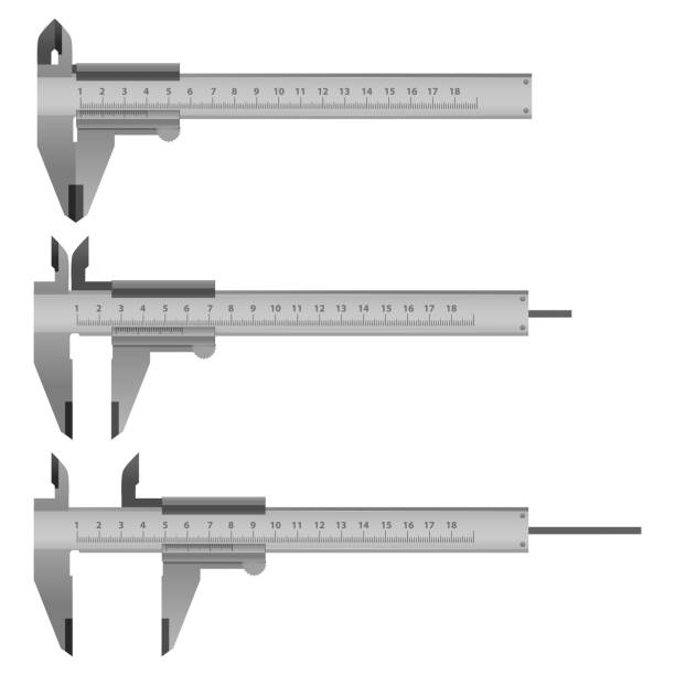 realistische detaillierte 3d vernier-bremssattel und skala eingestellt werden. vektor - ruler measuring instrument of measurement white stock-grafiken, -clipart, -cartoons und -symbole