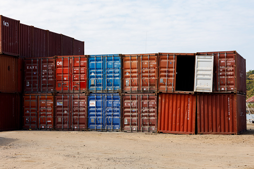 NOSY BE ,MADAGASCAR - NOVEMBER 3.2016 ship containers ready to be loaded in the port of Nosy Be, Madagascar's largest and busiest tourist resort. Nosy be, Madagascar, November 3. 2016