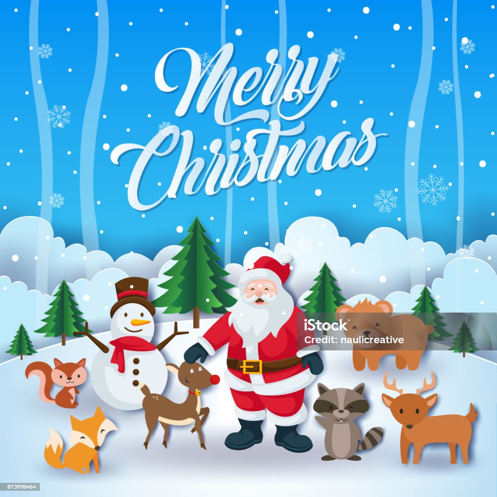 Cute Santa Claus And Cheerful Wild Animal Merry Christmas And ...