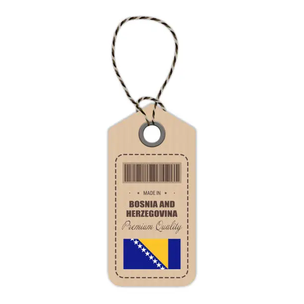 Vector illustration of Hang Tag Made In Bosnia And Herzegovina With Flag Icon Isolated On A White Background. Vector Illustration