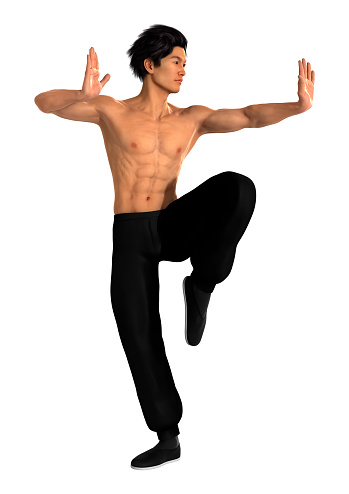 3D digital render of a young Asian man exercising martial arts isolated on white background