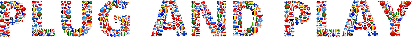 Plug-And-Play World Flags Vector Buttons. The word is composed of various flag buttons. It represents globalization and cooperation between nations. The flag buttons fill in the letters and form a seamless pattern. Flags include United States, Great Britain, Germany, Canada, European Union, Russia, Switzerland, Israel, China and many more.