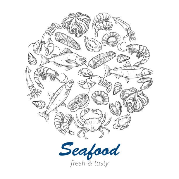 ilustrações de stock, clip art, desenhos animados e ícones de hand drawn seafood design - fish seafood lobster salmon