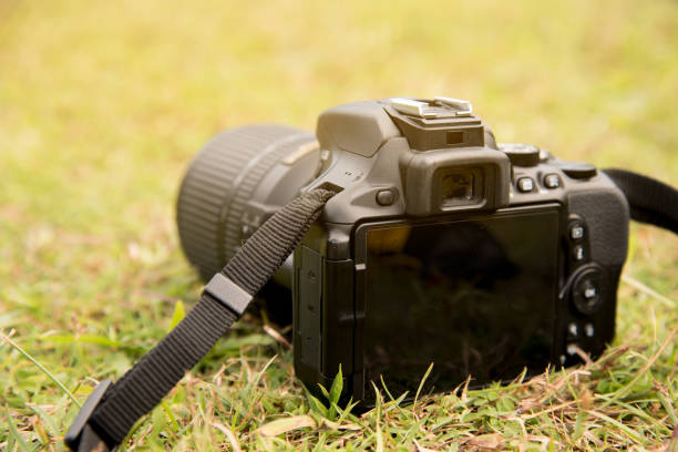 istock Close up Camera DSLR on green grass floor 873932856