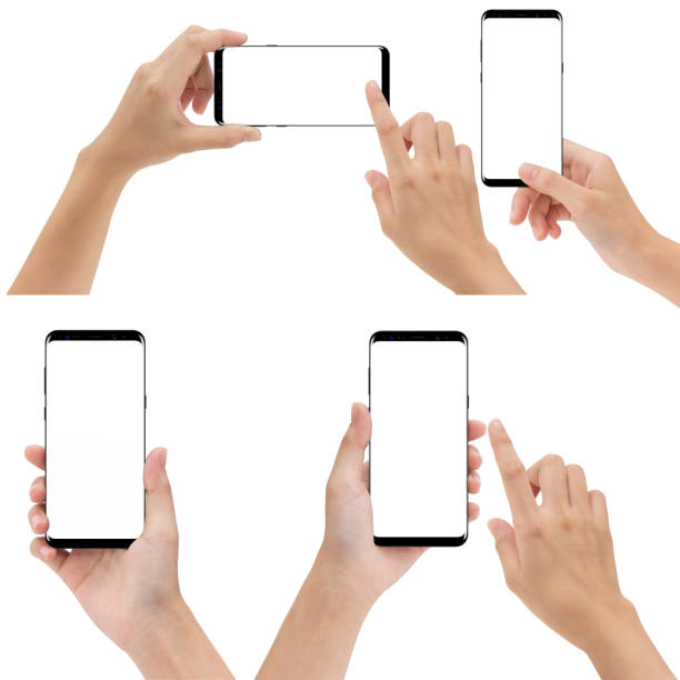 istock hand holding and touching phone mobile set isolated on white background 873932894