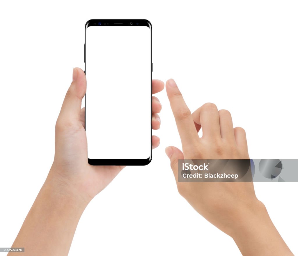 Close-up Hand halten und berühren auf Handy mobile isolierten weißen Hintergrund - Lizenzfrei Hand Stock-Foto