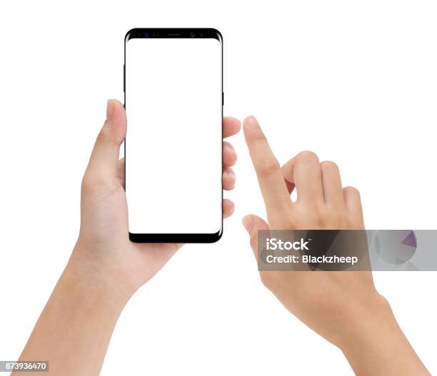 Closeup Hand Halten Und Berühren Auf Handy Mobile Isolierten Weißen Hintergrund Stockfoto und mehr Bilder von Hand