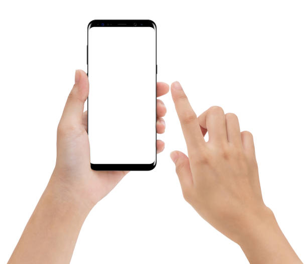 istock close-up hand hold and touching on phone mobile isolated white background 873936470