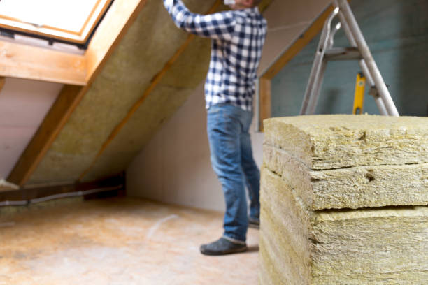 hombre de la capa de aislamiento térmico techo de instalación - mediante paneles de lana mineral. concepto de rehabilitación y aislamiento de ático - house attic desing residential structure fotografías e imágenes de stock