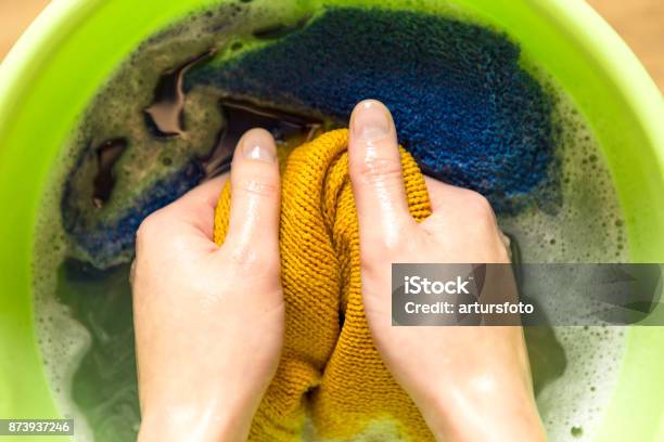 Female Hands Washing Color Clothes In Basin Stock Photo - Download Image Now - Washing, Clothing, Clean