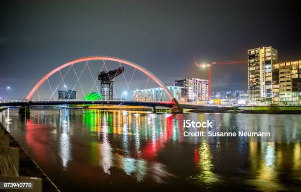 Clyde Arc And Glasgow Skyline At Night Stock Photo - Download Image Now - Glasgow - Scotland, Urban Skyline, Clyde River