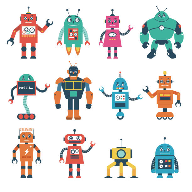 Set of Robot Characters Isolated on White Background Robot illustration in cartoon style robotic arm stock illustrations