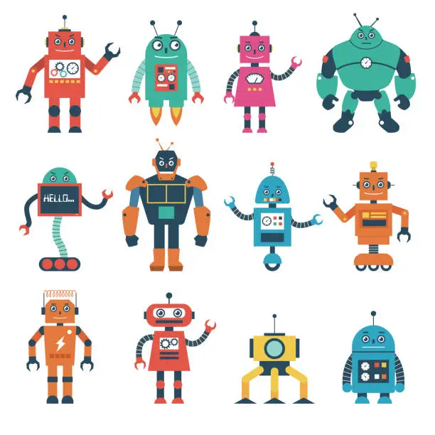 Vector illustration of Set of Robot Characters Isolated on White Background