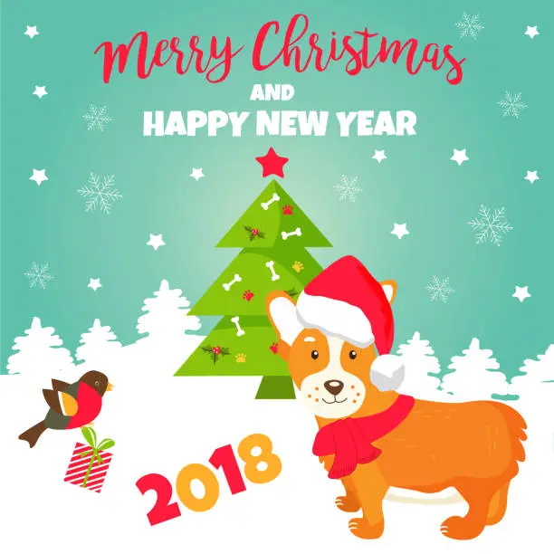 Vector illustration of Holiday greeting card with cute corgi dog