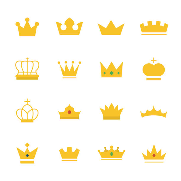 ilustraciones, imágenes clip art, dibujos animados e iconos de stock de conjunto grande de corona de oro sobre plano moderno. - crown symbol nobility vector