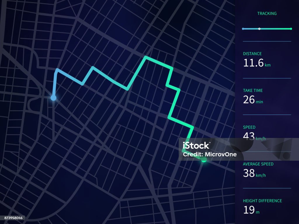 Vektor-Stadtplan mit Route und Daten-Schnittstelle für GPS-Navigation und Tracker app - Lizenzfrei GPS Vektorgrafik
