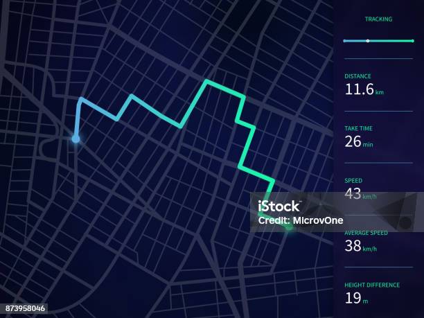 Vektorstadtplan Mit Route Und Datenschnittstelle Für Gpsnavigation Und Tracker App Stock Vektor Art und mehr Bilder von GPS