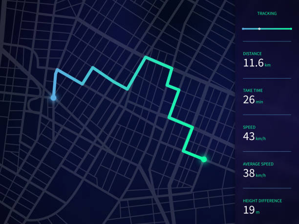 illustrazioni stock, clip art, cartoni animati e icone di tendenza di mappa della città vettoriale con percorso e interfaccia dati per l'app di navigazione gps e tracker - global positioning system map road map direction