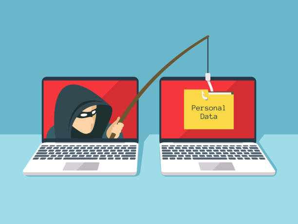 Phishing scam, hacker attack and web security vector concept Phishing scam, hacker attack and web security vector concept. Illustration of phishing and fraud, online scam and steal hacker laptop stock illustrations