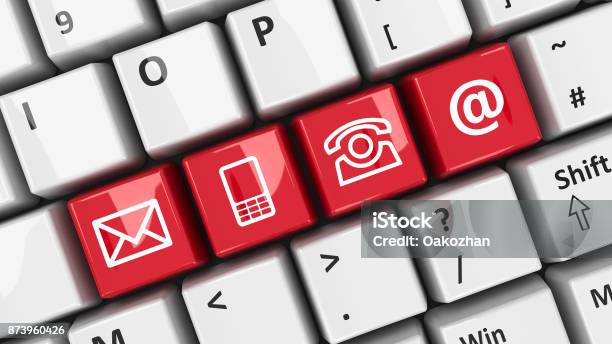 Computer Keyboard Red Contact 2 Stock Photo - Download Image Now - Connection, Red, Address Book