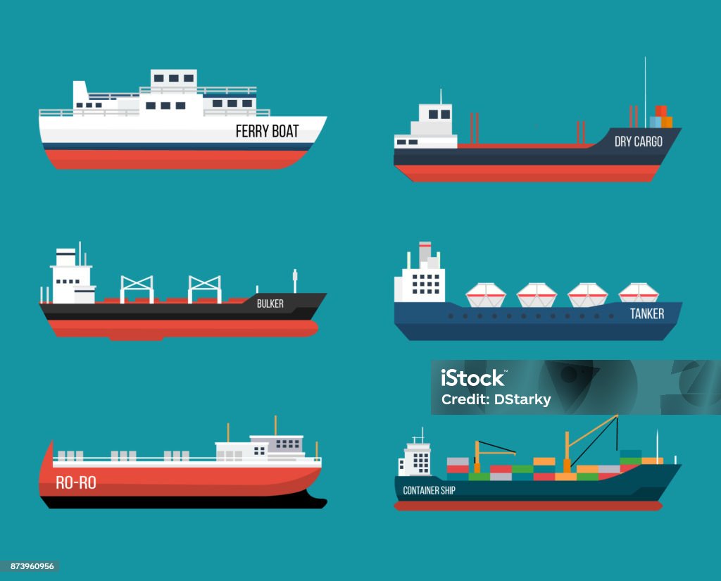 Set of ships in modern flat style. Set of ships in modern flat style. High quality delivery and shipping boats illustration. Set of container ship, bulker, ro-ro, tanker, dry cargo, ferry boat. Vector illustration isolated on a blue background. Ship stock vector