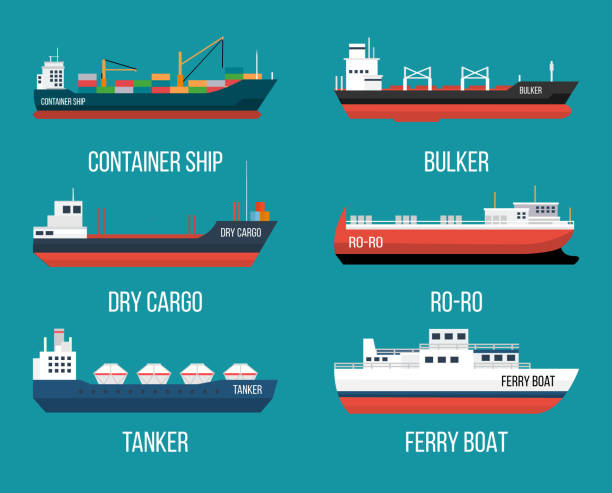 Set of ships in modern flat style. Set of ships in modern flat style. High quality delivery and shipping boats illustration. Set of container ship, bulker, ro-ro, tanker, dry cargo, ferry boat. Vector illustration isolated on a blue background. industrial ship stock illustrations
