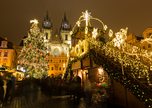 The Old Town Square at Christmas time in the center of winter Prague.