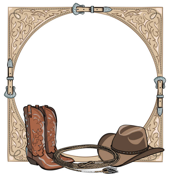 Cowboy western horse equine riding tack tool in the western leather belt frame. Boot, hat, lasso rope. Hand drawing cartoon vector background, template or copy space. buckle cartoon stock illustrations