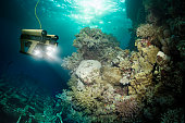 Robot inspects a sunken ship deep under water