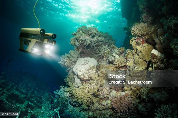 Robot Inspects A Sunken Ship Deep Under Water Stock Photo - Download Image Now - Sea, Submarine, Underwater