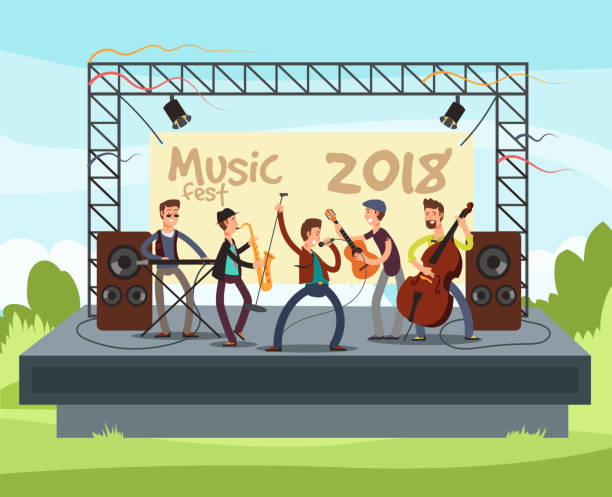 Outdoor summer festival concert with pop music band playing music outdoor on stage vector illustration Outdoor summer festival concert with pop music band playing music outdoor on stage vector illustration. Performance musician with instrument, play musical bass guitar wallpaper stock illustrations
