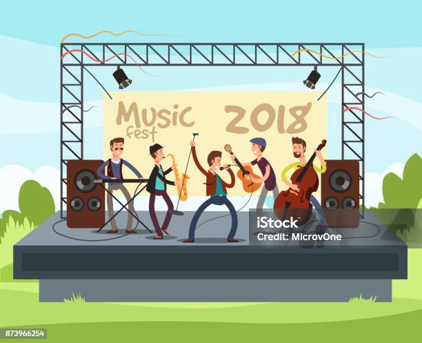 Outdoor Summer Festival Concert With Pop Music Band Playing Music Outdoor On Stage Vector Illustration Stock Illustration - Download Image Now