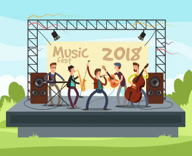 Vector illustration of Outdoor summer festival concert with pop music band playing music outdoor on stage vector illustration