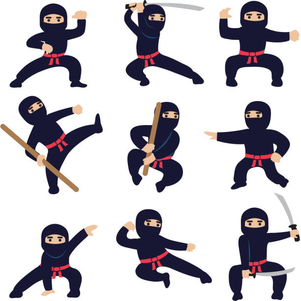 ilustrações de stock, clip art, desenhos animados e ícones de cartoon funny warriors. ninja or samurai vector characters - ninja