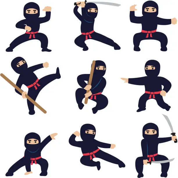 Vector illustration of Cartoon funny warriors. Ninja or samurai vector characters