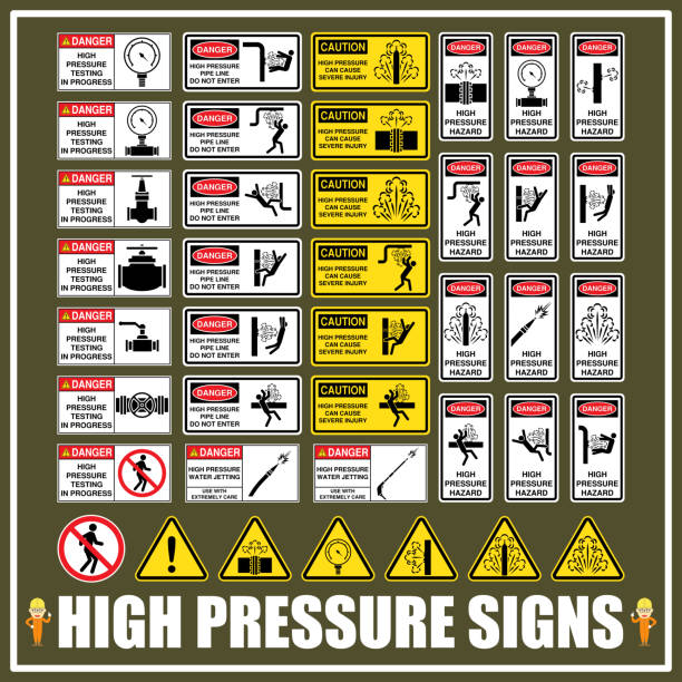 набор знаков и символов высокого давления и оборудования высокого давления и операций, предупреждающие и предостерегающие признаки опасн� - hose of a high pressure stock illustrations