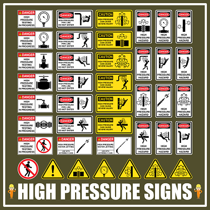 Set of signs and symbols of high pressure hazards and high pressure equipments and operations, Warning and caution signs of high pressure hazard