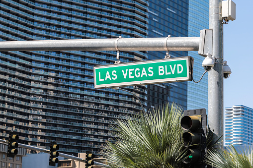 Las Vegas Boulevard Sign on The Strip with CCTV cameras, Las Vegas, Nevada