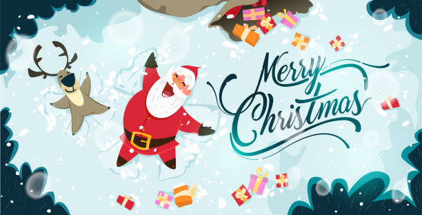 Happy Santa Claus and reindeer making a Snow Angel. Cute Christmas characters for Holiday design. Christmas Greeting Card for invitation, congratulation. Vector illustration Holidays topic snow angels stock illustrations