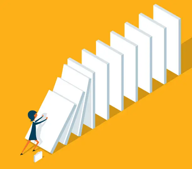 Vector illustration of Start domino effect - Businesswoman