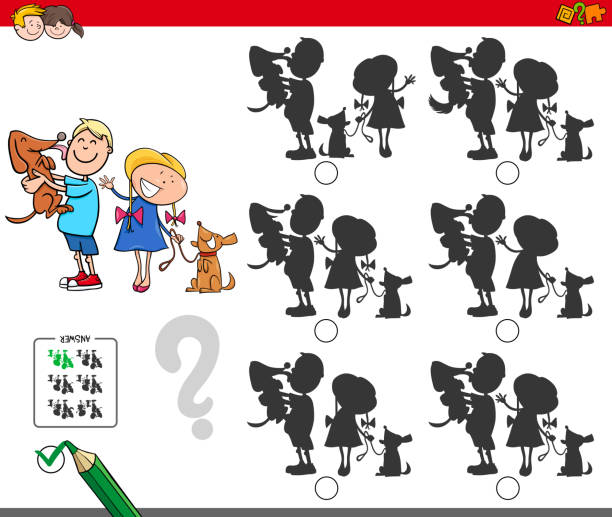 educational shadow game with kids and dogs Cartoon Illustration of Finding the Shadow without Differences Educational Activity for Children with Children and Pet Dogs Characters drawing of the boy girl shadow stock illustrations