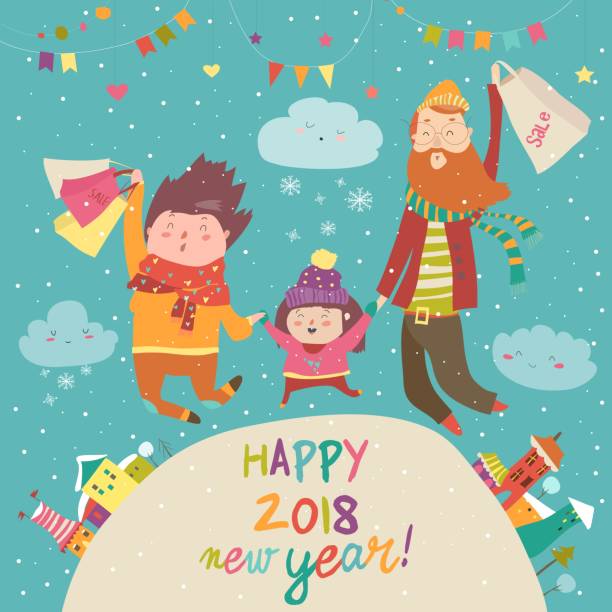 ilustrações de stock, clip art, desenhos animados e ícones de happy family with christmas shopping - piazza nova illustrations