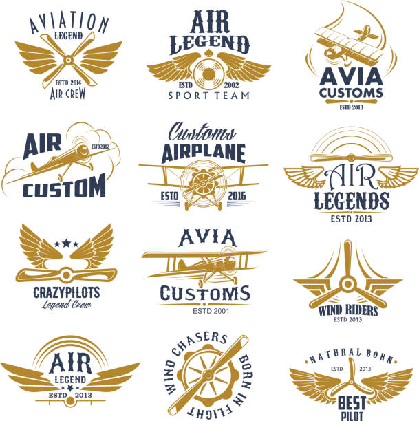 illustrations, cliparts, dessins animés et icônes de aviation avion légende équipe vecteur rétro icônes - logo avion