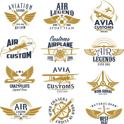 Aviation retro icons set of aircraft propeller and wings for avia customs and pilot legend team labels. Vector isolated badges of vintage airscrew for wind chasers and airplane riders sport crew