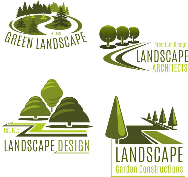 ikony wektorowe dla firmy zajmującej się kształtowaniem krajobrazu przyrody - tree landscape landscaped forest stock illustrations